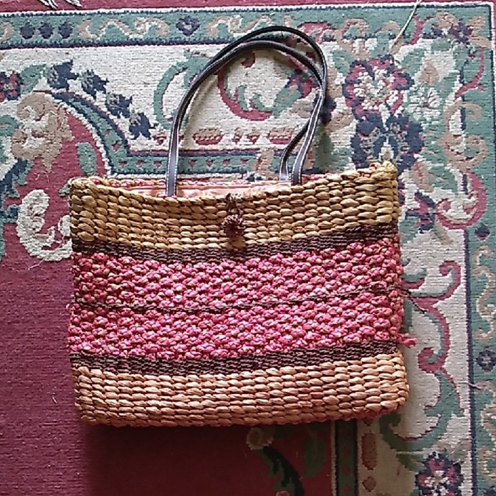 Stylish Pink and Tan Woven Tote Bag